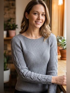Ramy Brook | Gray Knit Kimila Sweater with Criss Cross Lattice Sleeves | Sz S